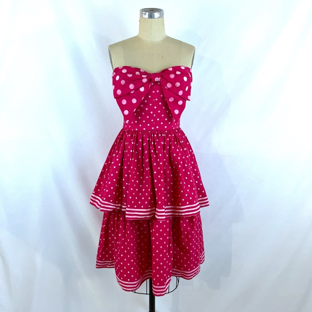 Victor Costa Strapless Dress in Pink with Polka Dots